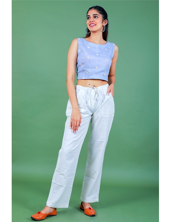 Sleeveless light blue linen blouse with back slit-RB09B-S-2