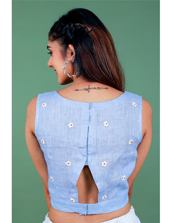 Sleeveless light blue linen blouse with back slit-RB09B-S-3