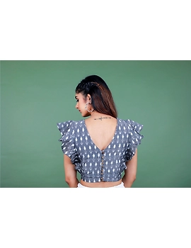 Grey ikat blouse with frill design : RB11A-S-4-sm