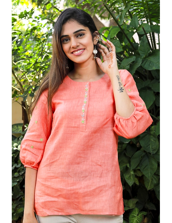 CORAL EMBROIDERED PLACKET TUNIC IN PURE LINEN: LT130A-LT130A-S