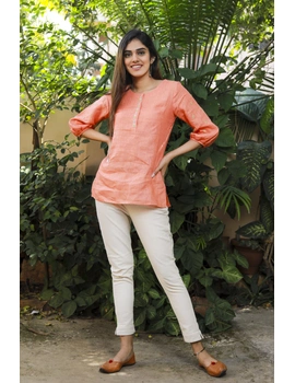 CORAL EMBROIDERED PLACKET TUNIC IN PURE LINEN: LT130A-M-1-sm