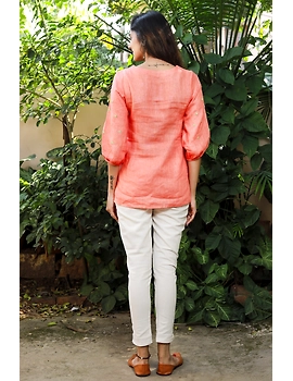 CORAL EMBROIDERED PLACKET TUNIC IN PURE LINEN: LT130A-S-3-sm