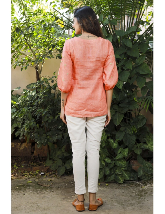CORAL EMBROIDERED PLACKET TUNIC IN PURE LINEN: LT130A-XL-3
