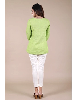LIGHT GREEN EMBROIDERED PLACKET TUNIC IN PURE LINEN: LT130B-S-3-sm