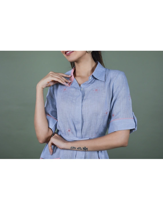 Linen hand embroidered collar dress in aqua blue:LD700A-XL-2