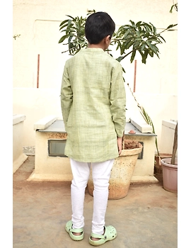 Boys short kurta in pista green mangalagiri cotton with handwork : KBK100A-4-5-2-sm