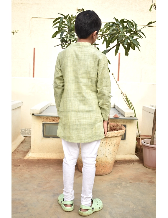 Boys short kurta in pista green mangalagiri cotton with handwork : KBK100A-4-5-2
