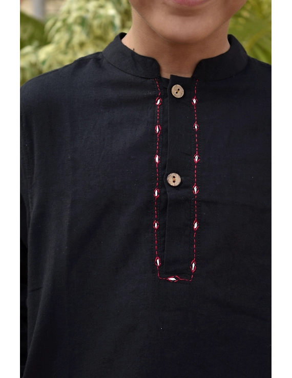 Boys short kurta in black mangalagiri cotton with handwork : KBK100C-4-5-2