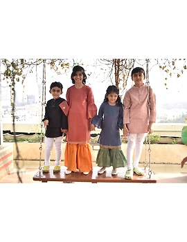 Girls orange and gold mangalagiri cotton sharara with tunic top : KGS100A-10-11-3-sm