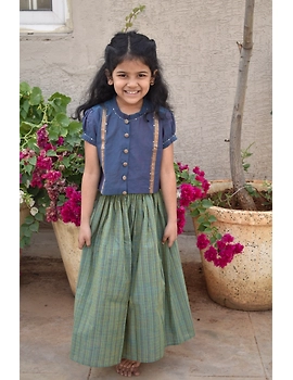 Girls blue and gold mangalagiri cotton lehenga set : KGL100B-2-3-1-sm