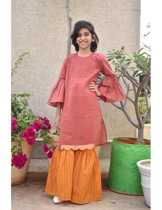 Girls orange and gold mangalagiri cotton sharara with tunic top : KGS100A-KGS100A