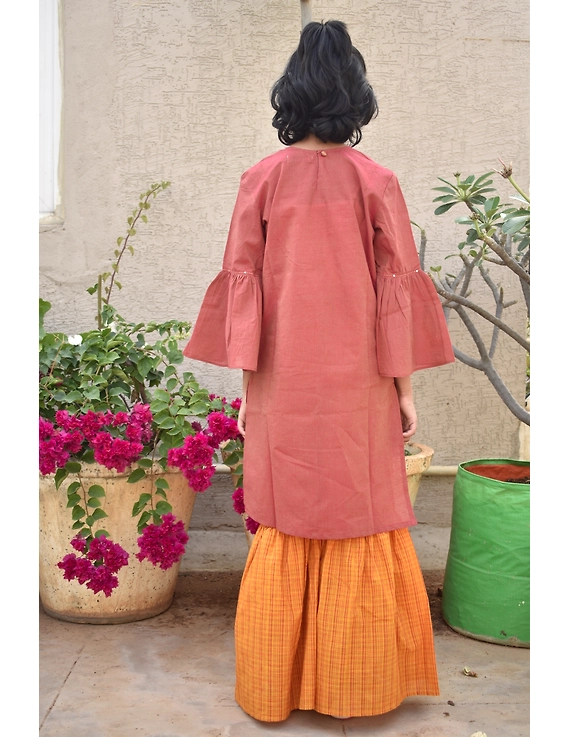 Girls orange and gold mangalagiri cotton sharara with tunic top : KGS100A-2-3-1