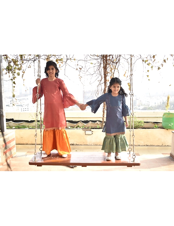 Girls orange and gold mangalagiri cotton sharara with tunic top : KGS100A-2-3-2