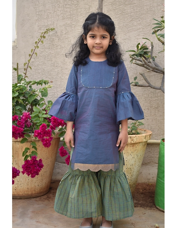 Girls blue and gold mangalagiri cotton sharara with tunic top : KGS100B-KGS100B