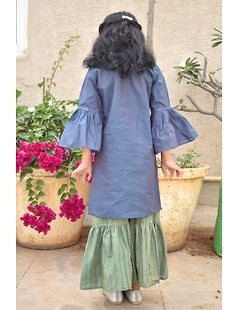 Girls blue and gold mangalagiri cotton sharara with tunic top : KGS100B-2-3-2-sm