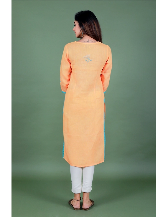 Yellow dandelion motif embroidered kurta in pure linen-LK420B-S-2