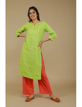 All over mirror embroidered kurta in green linen fabric-LK440A-L-1-sm