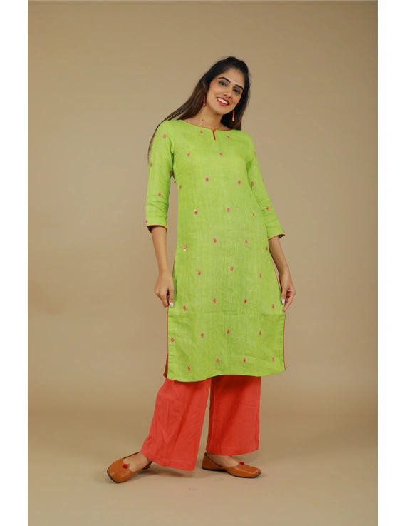 All over mirror embroidered kurta in green linen fabric-LK440A-LK440A-LL
