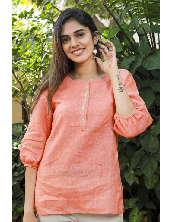 CORAL EMBROIDERED PLACKET TUNIC IN PURE LINEN: LT130A-S-1