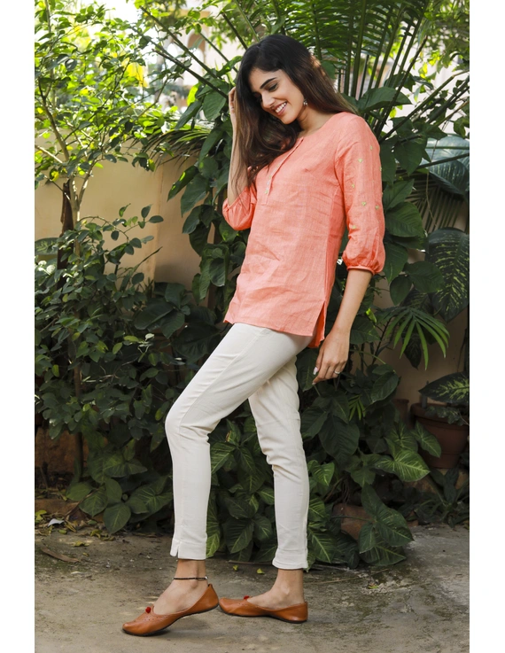 CORAL EMBROIDERED PLACKET TUNIC IN PURE LINEN: LT130A-XL-3