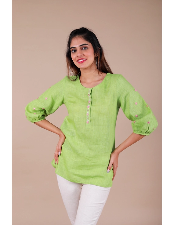 LIGHT GREEN EMBROIDERED PLACKET TUNIC IN PURE LINEN: LT130B-S-1