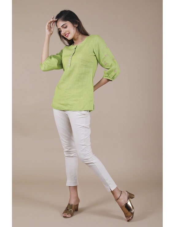 LIGHT GREEN EMBROIDERED PLACKET TUNIC IN PURE LINEN: LT130B-LT130B-SL