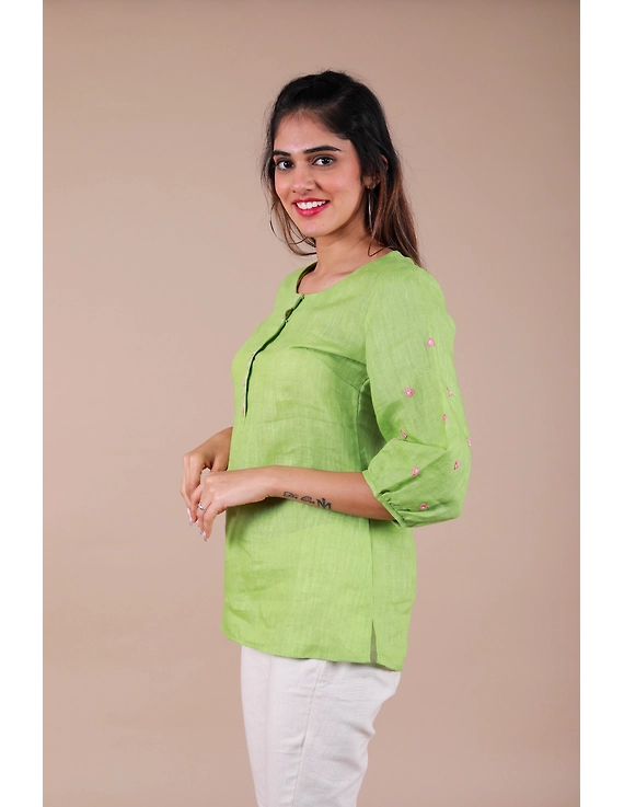 LIGHT GREEN EMBROIDERED PLACKET TUNIC IN PURE LINEN: LT130B-S-4