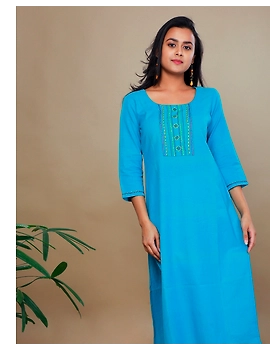 STRAIGHT KURTA IN LIGHT BLUE HANDLOOM COTTON WITH EMBROIDERED YOKE: LK150E-M-1-sm