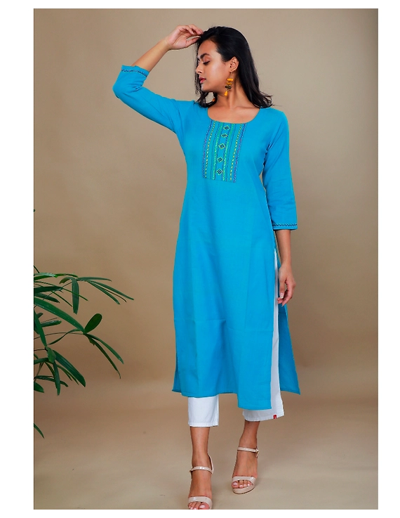 STRAIGHT KURTA IN LIGHT BLUE HANDLOOM COTTON WITH EMBROIDERED YOKE: LK150E-M-2