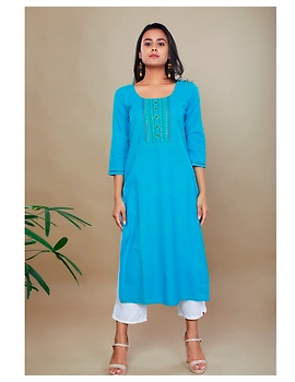 STRAIGHT KURTA IN LIGHT BLUE HANDLOOM COTTON WITH EMBROIDERED YOKE: LK150E-LK150E-XL-sm