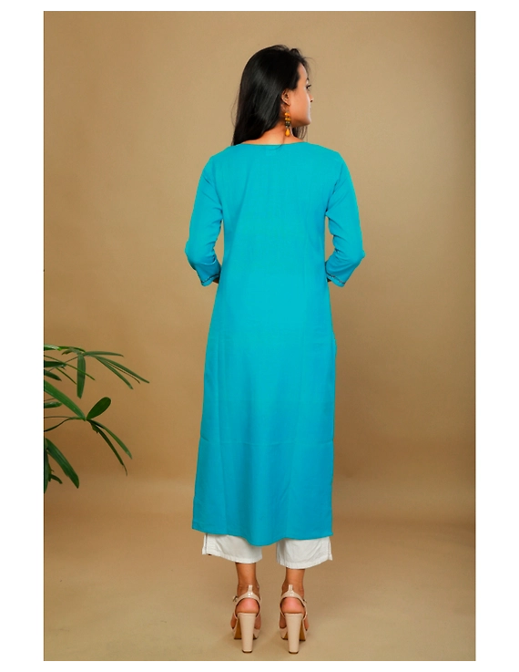 STRAIGHT KURTA IN LIGHT BLUE HANDLOOM COTTON WITH EMBROIDERED YOKE: LK150E-XL-3