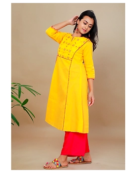 YELLOW A LINE KURTA WITH FLOWER MOTIFS ON YOKE: LK191A-M-1-sm