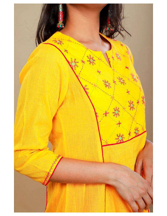 YELLOW A LINE KURTA WITH FLOWER MOTIFS ON YOKE: LK191A-M-2