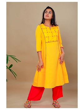 YELLOW A LINE KURTA WITH FLOWER MOTIFS ON YOKE: LK191A-LK191A-S-sm