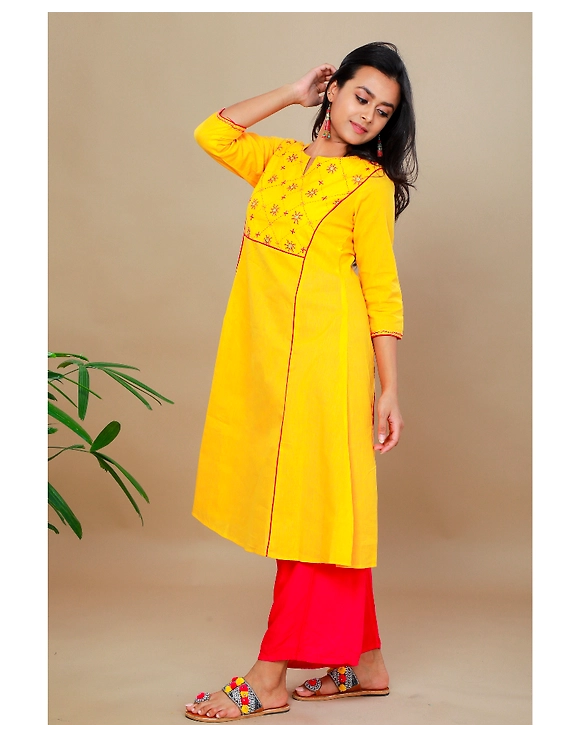 YELLOW A LINE KURTA WITH FLOWER MOTIFS ON YOKE: LK191A-S-1