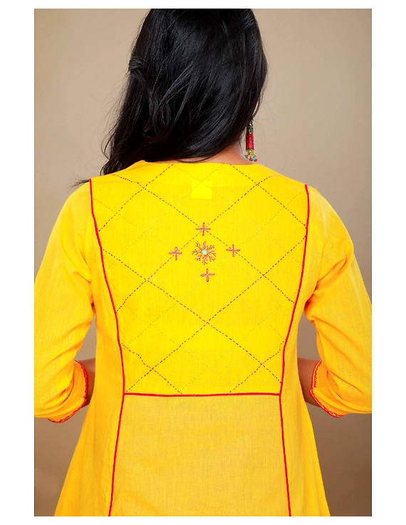 YELLOW A LINE KURTA WITH FLOWER MOTIFS ON YOKE: LK191A-S-3