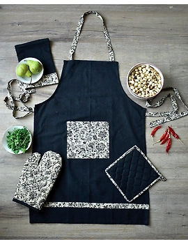 Apron, oven glove and pot holder set in black cotton with kalamkari: HKL01B-HKL01B-sm