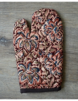 Apron, oven glove and pot holder set in brown cotton with kalamkari: HKL01A-3-sm