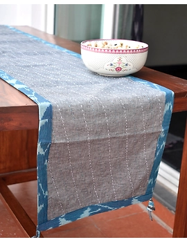 Blue And Grey Ikat Reversible Table Runner With Kantha Embroidery : HTR04-HTR04M-sm