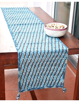 Blue And Grey Ikat Reversible Table Runner With Kantha Embroidery : HTR04-13 X 60-2-sm
