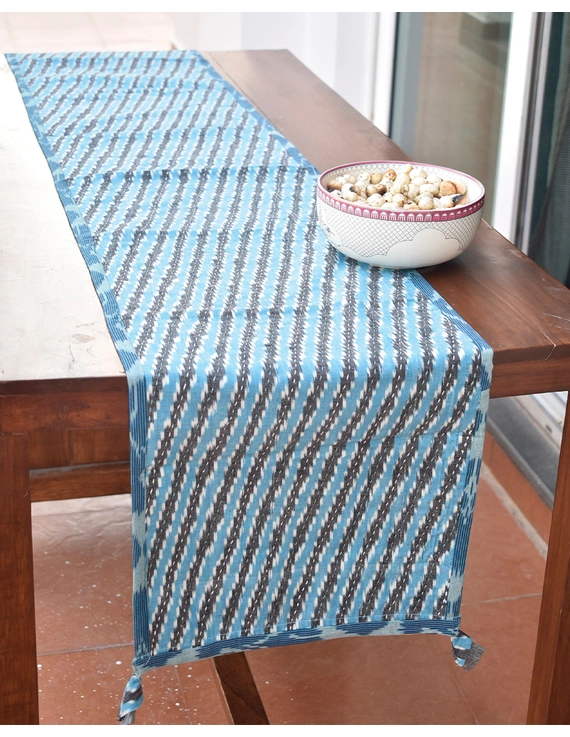 Blue And Grey Ikat Reversible Table Runner With Kantha Embroidery : HTR04-13 X 60-2