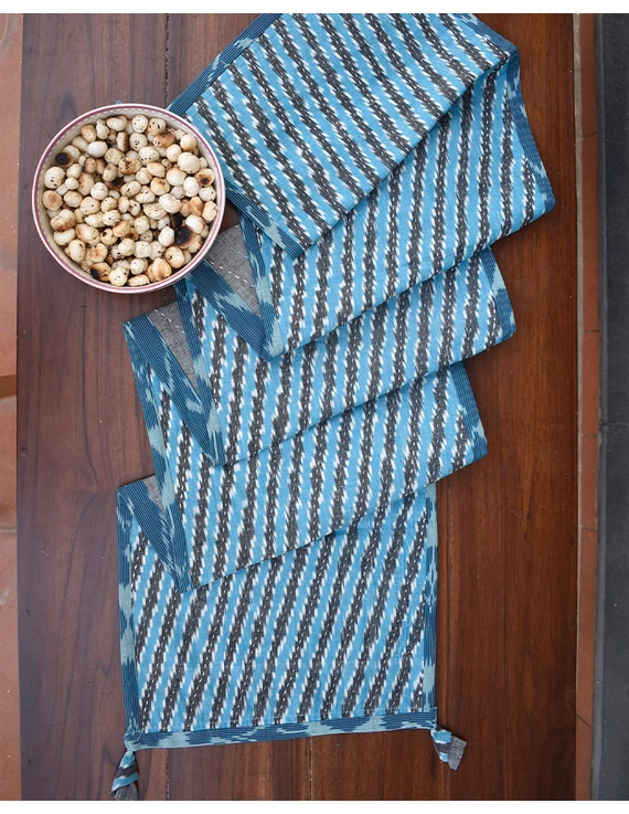 Blue And Grey Ikat Reversible Table Runner With Kantha Embroidery : HTR04-13 X 60-4