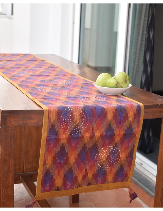 Maroon Ikat Reversible Table Runner With Hand Embroidery : HTR05-HTR05L