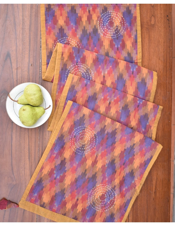 Maroon Ikat Reversible Table Runner With Hand Embroidery : HTR05-13 x 72-3