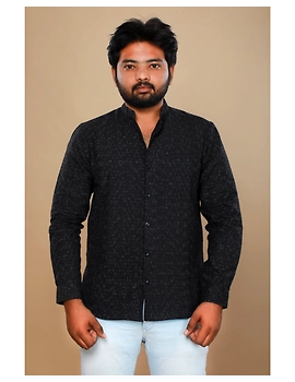 Black ikat mandarin collar full sleeves shirt for men: GT410E-XL-Black-2-sm