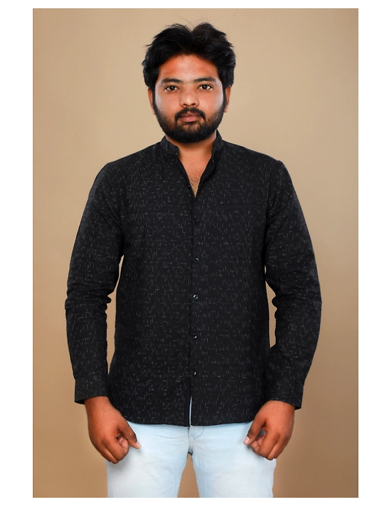 Black ikat mandarin collar full sleeves shirt for men: GT410E-XL-Black-2
