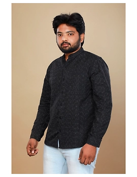 Black ikat mandarin collar full sleeves shirt for men: GT410E-GT410E-XL-sm