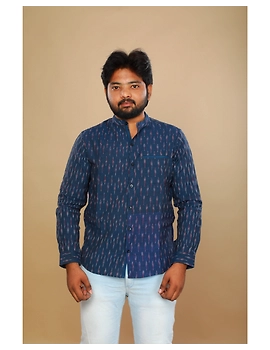 Navy blue ikat mandarin collar full sleeves shirt for men: GT410D-GT410D-XXL-sm