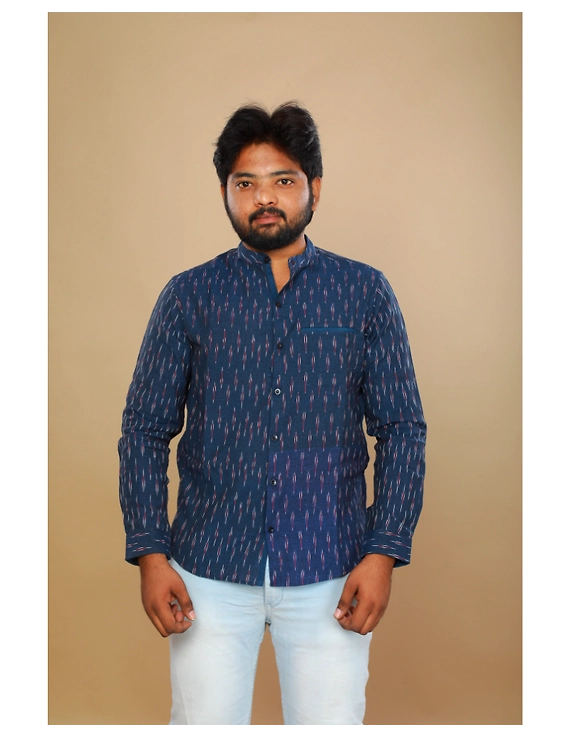 Navy blue ikat mandarin collar full sleeves shirt for men: GT410D-GT410D-XXL