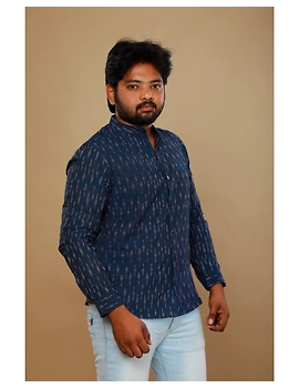 Navy blue ikat mandarin collar full sleeves shirt for men: GT410D-XXL-Navy Blue-3-sm